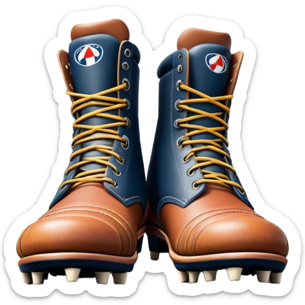 Cinematic Realistic image of a pair of AFL boots, showcasing detailed leather stitching and a rugged sole with fine cleat impressions, captured against a blurred stadium background with high-energy, dynamic lighting sticker