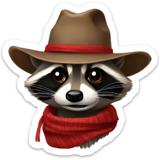 Raccoon with cowboy hat. raccoon with red and black Scarf wrapped around the neck sticker