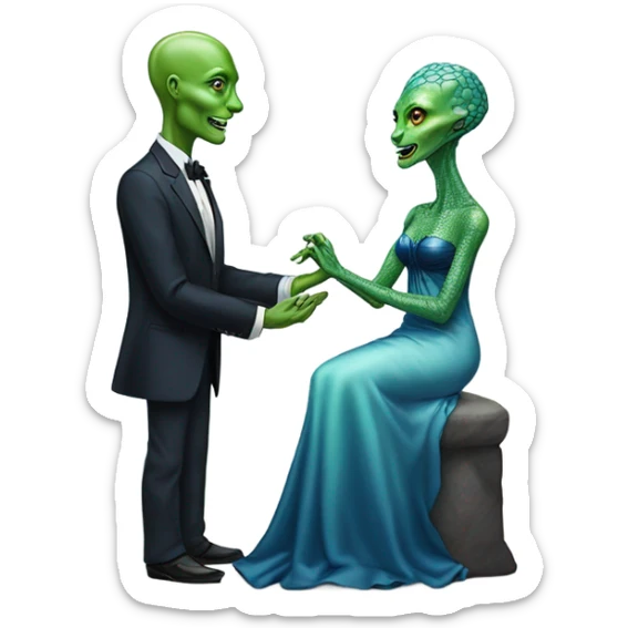 alien reptilian green skin woman, in long slim pastel blue formal party satin dress with gradient shiny sparkling navy blue diamonds embroidered , and caucasian man in black dres on his knees asks her to marry her sticker