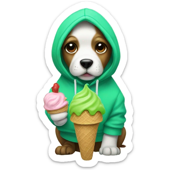 Dog wearing a hoodie while holding an ice cream and the ice cream is coloured green sticker