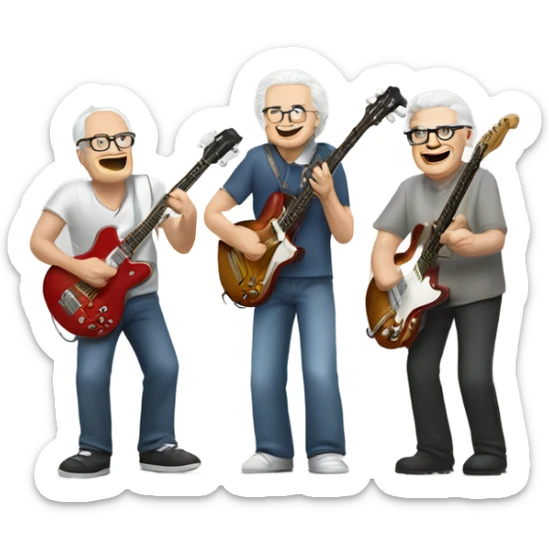 Three white senior musicians jamming one on guitar one on bass and one on cowbell sticker
