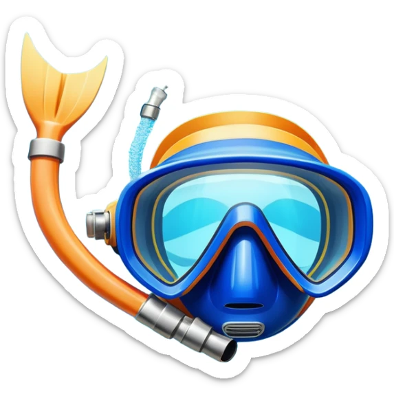An icon featuring a close-up of a diving mask, snorkel, and fins floating on the surface of vibrant blue water. In the background, coral reefs and tropical fish create a lively underwater scene. Transparent background highlights the beauty and adventure of the diving experience. sticker