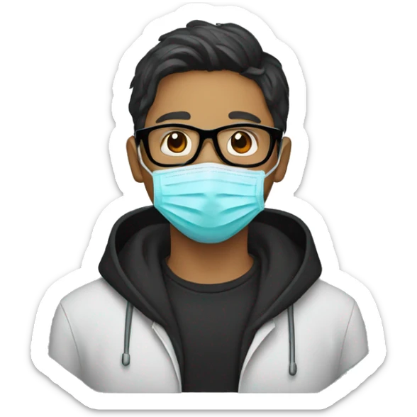 Man with medical mask and black hoody and black glasses sticker