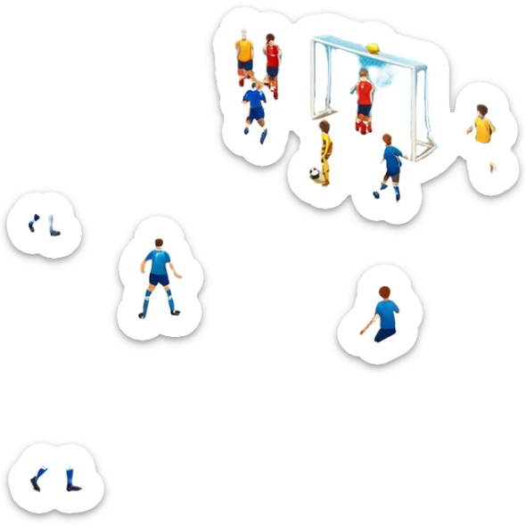 A mini-football match in an indoor sports hall with wooden flooring and clear field markings. The scene shows a vibrant game in action, with players positioned on the court, the goalposts visible, and the atmosphere filled with energy and focus. sticker