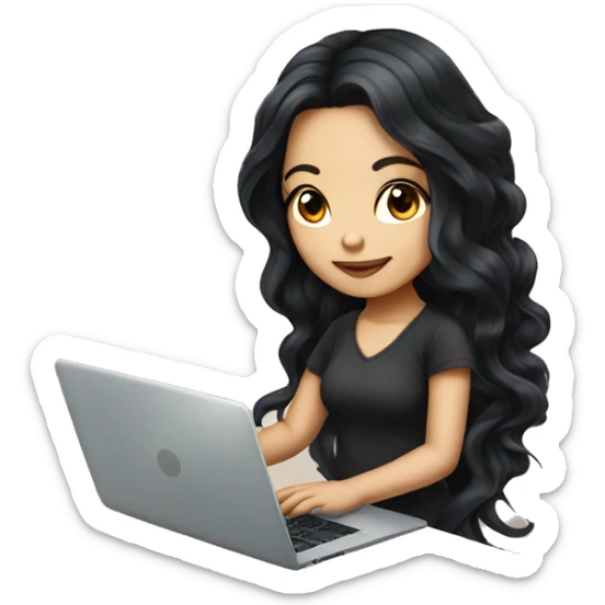 beautiful girl with tattoos, with long black hair, wavy hair, chinese, with laptop sticker