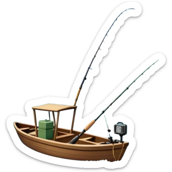 Icon for Fishing Travel: a boat on a calm lake surrounded by mountains and lush greenery, with fish jumping out of the water, a fishing rod, tackle box. The icon should capture the peaceful and adventurous nature of fishing trips. Transparent background. sticker