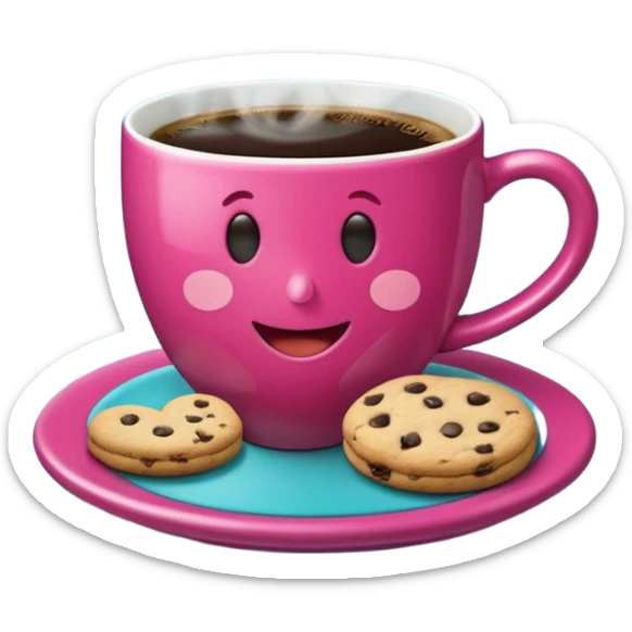 cup of coffee, steaming, the smoke should come out in the shape of a heart, the color of the cup is fuchsia, the cup has a happy face printed on it, the cup rests on a turquoise blue plate, and there are cookies and sugar cubes around the cup. sticker