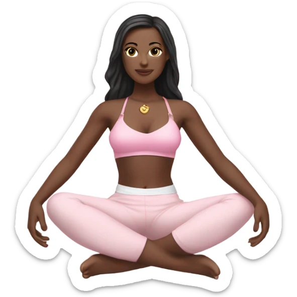 A white girl with brown eyes and black long hair,  is sitting in a lotus position in a pink bra top and short white skirts sticker