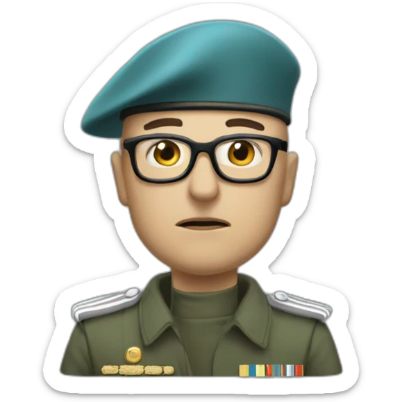 Realistic cyan beret bald very furious middle age general with glasses no hair furious very angry frown with khaki idf uniform sticker