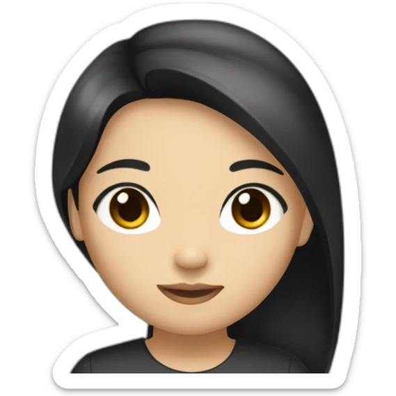 Asiatic girl with black ironed long hair, brown eyes, and a black top sticker