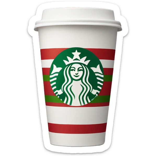 A Starbucks coffee cup with red and green stripes and the Starbucks logo on the front, white lid sticker