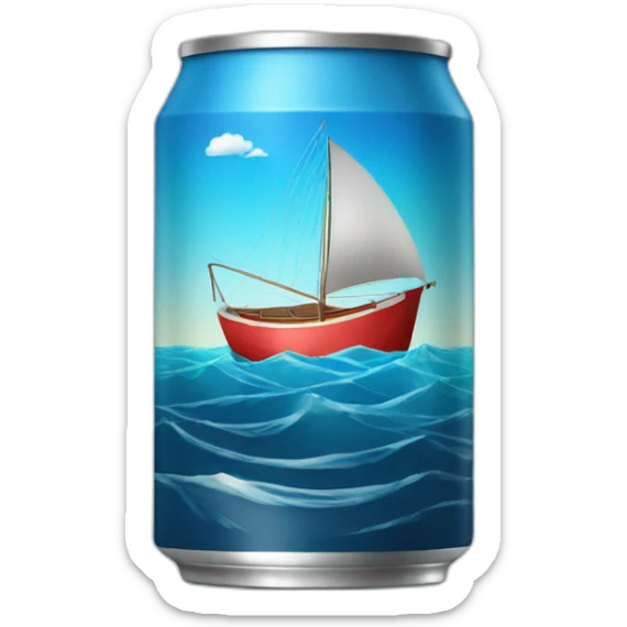 realistic can of tuna fish sowing the shape of a sailling boat on a sea background sticker