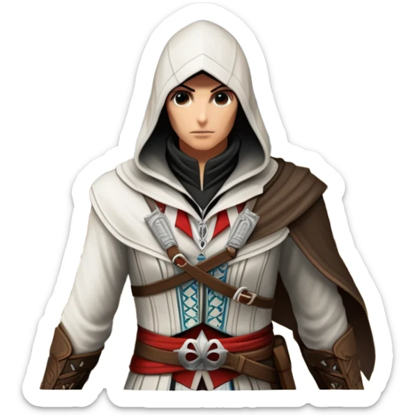icon featuring Assasin's Creed in an iconic assassin's hood, standing tall against the backdrop of Florence. The design captures the essence of adventure, with intricate details of historical architecture and a sense of mystery. The character is poised, ready for action. transparent background. sticker