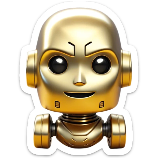 Cinematic Cute Mighty Iron Golem Portrait Emoji Head tilted playfully and inquisitively, featuring a sleek yet sturdy metal form with smooth, polished steel plating and glowing golden engravings, accented by faintly humming energy veins that pulse with life; rendered with lifelike clarity and soft, natural reflections, high shine, charming yet robust, styled with a touch of whimsical fantasy, soft glowing outline, capturing the essence of a watchful yet endearing golem, as if it might shift its massive head with a slow, thoughtful nod at any moment! sticker