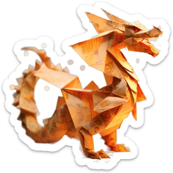 Charred flaming fiery Beige Origami dragon made of newspapers on fire letters on fire burnt paper surrounded by fairy lights swirls covered in dried flowers bokeh floral flowers fire flames sticker