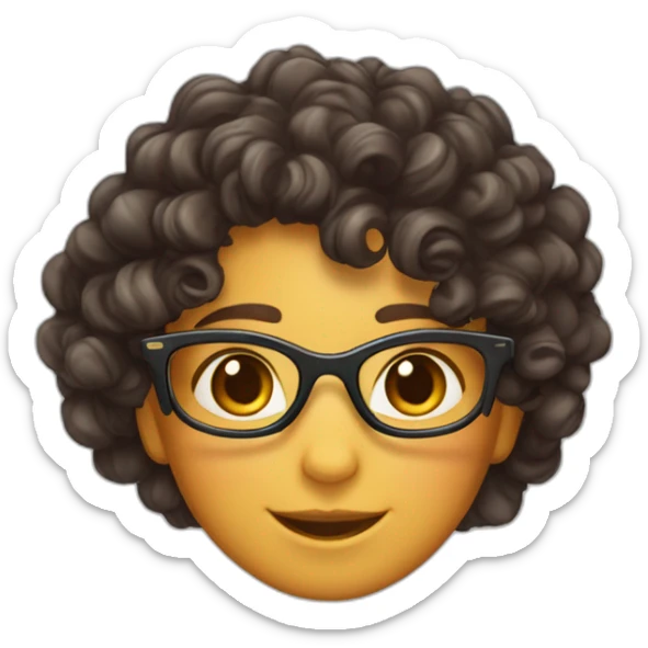 Spanish skin #8f6354 color, hair curly long with gradient from #382b26 to #876c55, has glasses with rectangular shape, has tortoiseshell cat ears, and is happy sticker