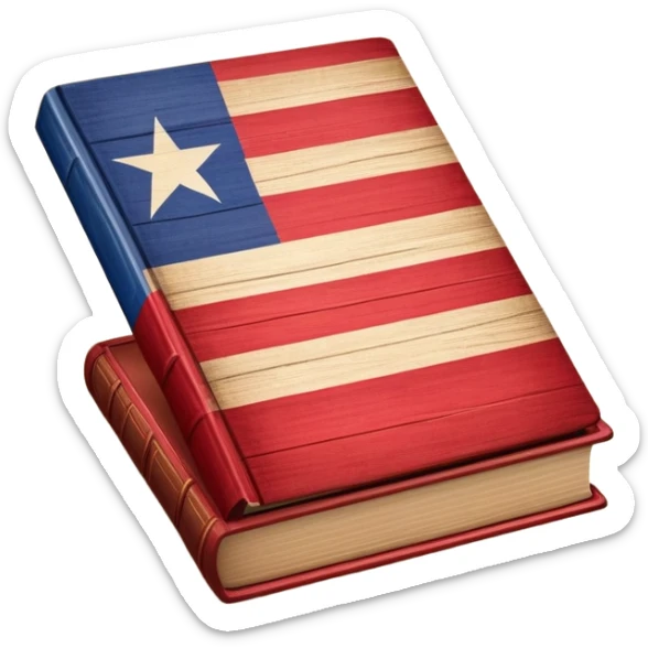 Elegant aged book with the Puerto Rican flag embossed on the cover, wooden theater stage symbol, vintage textured cover with warm wood and parchment tones, slightly glowing, representing the eternal legacy of scenic design in Puerto Rico sticker
