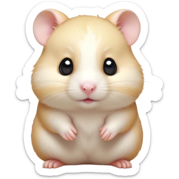 Cinematic Cute Cream Hamster Portrait Emoji, Head tilted playfully and inquisitively, featuring a silky, pristine cream fur with a gentle sheen, round, sparkling dark eyes filled with curiosity, Simplified yet irresistibly adorable features, highly detailed, glowing with a warm, friendly glow, high shine, affectionate and lively, stylized with a touch of whimsy, bright and endearing, soft glowing outline, capturing the essence of a mischievous yet loving hamster, so playful it feels like it could dash out of the screen and into your arms! sticker
