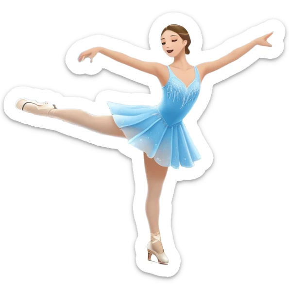An icon showing a graceful figure skater performing a spin on the ice in a grand ice palace. The rink is illuminated by soft light beams, with cheering spectators in the stands. Snowflakes gently fall, adding to the magical atmosphere. Transparent background highlights elegance and artistry. sticker