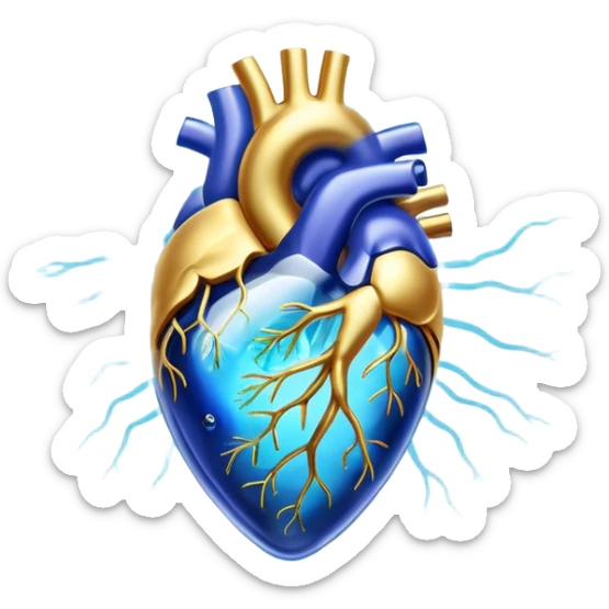 Golden omega-3 fish oil capsule with ethereal blue glowing aura connecting to a translucent heart and brain, showing energy flowing between them, with soft light waves sticker