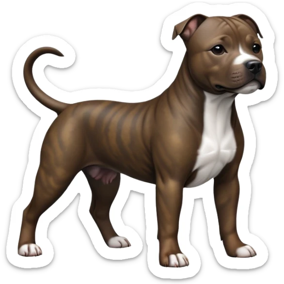 cinematic-[Staffordshire bull terrier]-realistic-full-body-standing-emoji,-tail-resting-loosely-beside-its-paws,-head-tilted-dramatically, -sleek-[dark solid brindle]-fur,-simplified-yet-realistic-focused-features,-highly-detailed,-glowing-with-an-almost-sarcastic-glow sticker