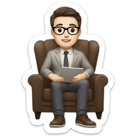 Pale skinned Fit Man With dark brown hair in gray jacket, beige office shirt and vintage glasses sitting In a soft chair with a notebook with emblem Ψ and a pen in his hands sticker