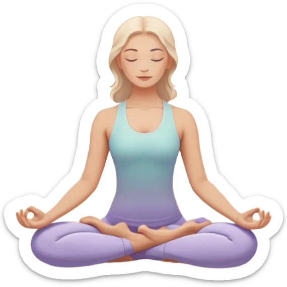 A peaceful person practicing yoga on a calm sea beach at sunrise, in a serene meditative pose. Soft pastel colors surround the scene, with gentle waves in the background and smooth, flowing lines representing balance and tranquility. The atmosphere feels centered and mindful. sticker