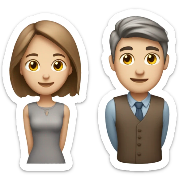 Lovely couple with grey cat. Girl’s skin is light, hair brown. Boy is light skin with collected to tail brown hair sticker