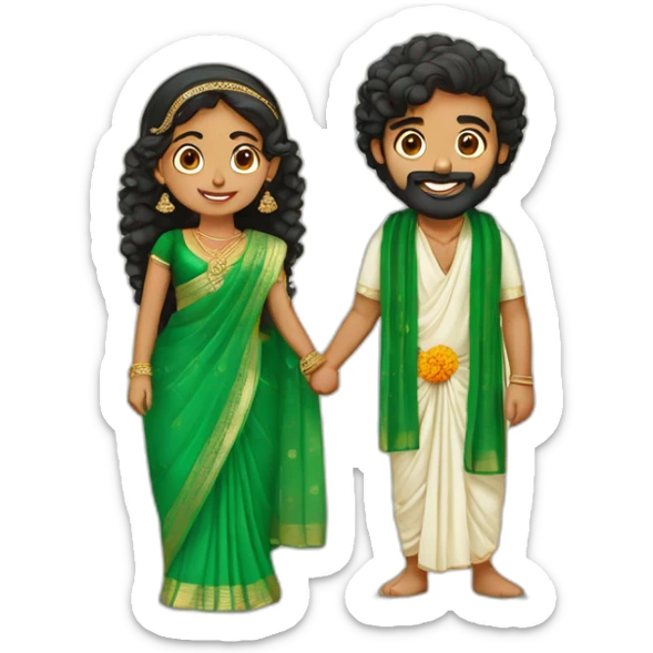 south indian girl with curly hair wearing green saree marrying south indian guy with straight hair and beard wearing dhoti sticker