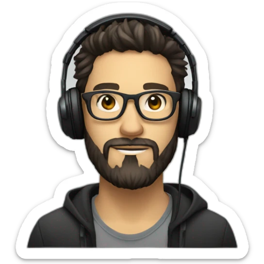 White music producer with dark hair, a scruffy beard, and glasses with round transparent frames, wearing headphones sticker