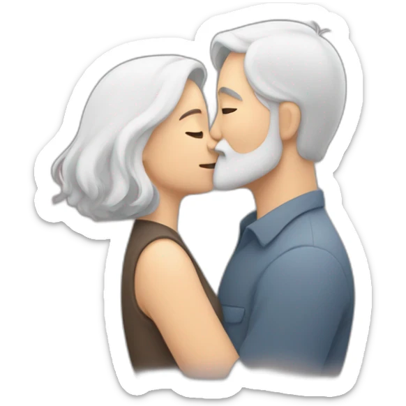 image of woman with dark brown hair kisses and hugs man with gray hair and white beard with floating hearts sticker
