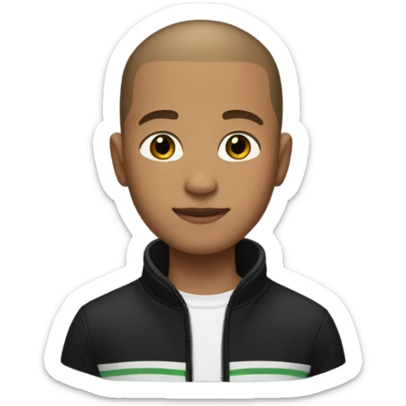 boy with very light brown skin, buzz cut, no facial hair, wearing a smart black quarter zip jumper with white t shirt underneath. sticker