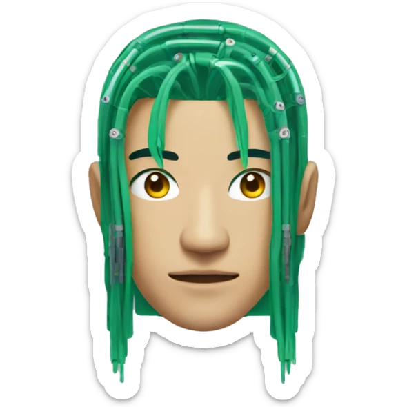 Head of Asian male cyborg with long green hair and circuits sticker