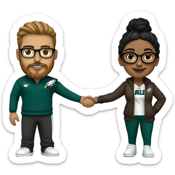 Brown guy with beard mustache and brown girl with glasses and her hair in a bun in Philadelphia eagles clothes holding hands sticker