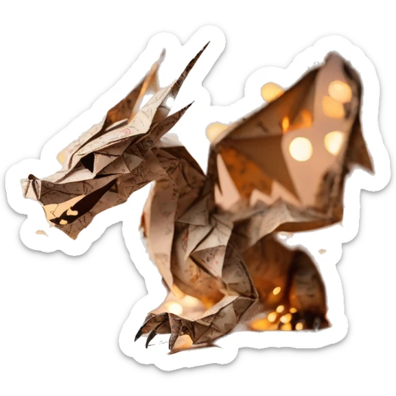 Charred Beige Origami dragon made of newspapers on fire letters on fire burnt paper surrounded by fairy lights swirls covered in dried flowers bokeh floral flowers fire flames sticker