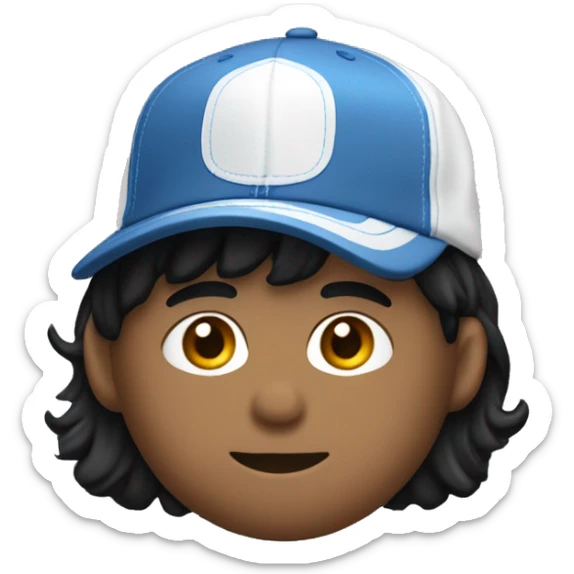 Blue short jean sleeve shirt, Blue short pants, black bang hair, with an upside-down white cap sticker