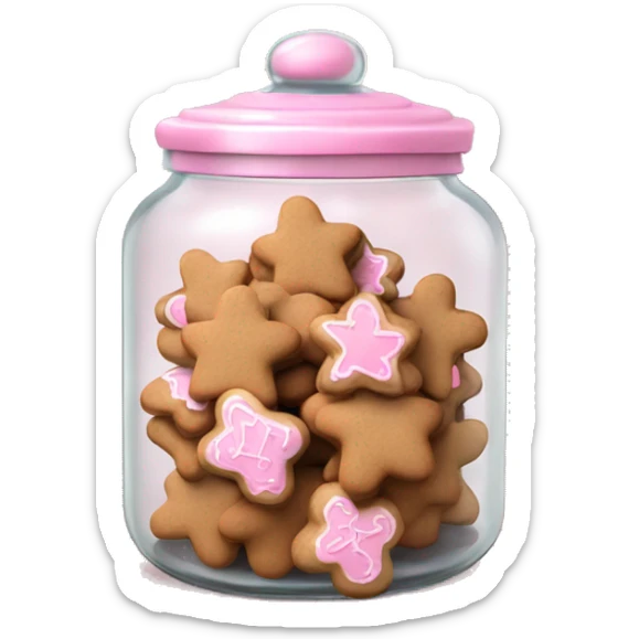 Realistic glass cookie jar with light pink lid full of gingerbread cookies isolated.  sticker