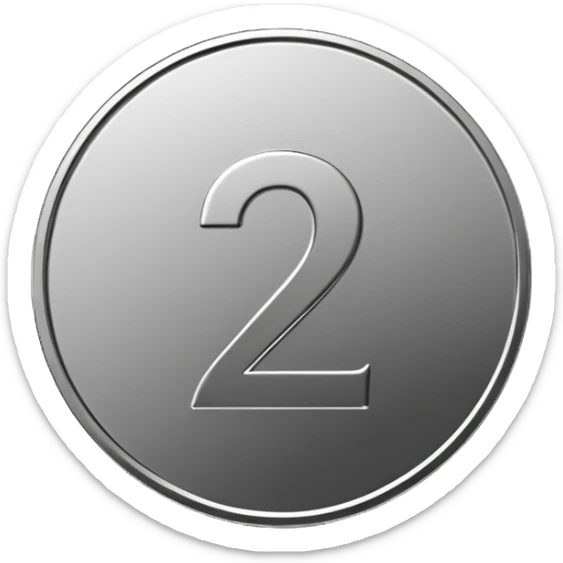 Emoji icon of a metal coin with engraved number 2, minimalist style, isolated, only metal color sticker