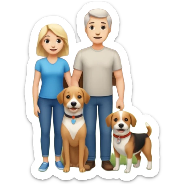 a mom and dad standing in front of a house with their son and a dog next to them sticker