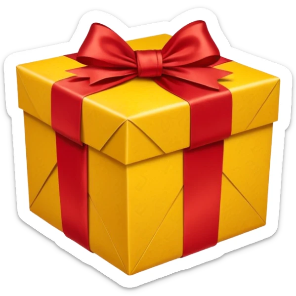 box with yellow wrapping paper and a length of red ribbon surrounding it sticker