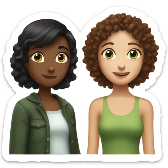 two hugging friends. one has black straight hair, the other has brown and curly hair, green eyes. Their names are Alisa and Alina sticker
