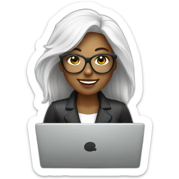 mujer piel blanca pelo negro gafas y trabajando en laptop sticker