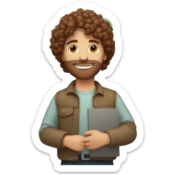 White man with brown, curly hair holding flowers in his right hand and a sign reading i love you in his left hand sticker