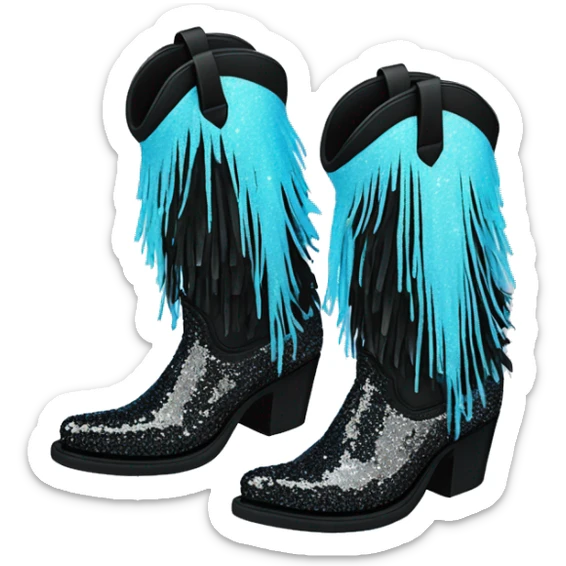 Realistic pastel blue to black ombre pair of fashion cowgirl boots with sparkly shiny glitter fringe on them. sticker