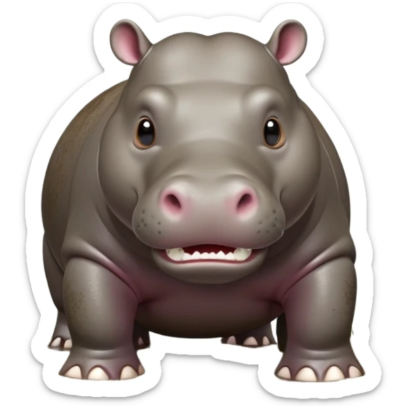 cinematic-hippo-realistic-full-body side view-standing on all fours-emoji,-massive-round-frame-partially-submerged-in-muddy-water,-wide-mouthed-grin-exposing-huge-teeth,-head-tilted-dramatically,-thick-greyish-brown-hide-glossy-from-water,-simplified-yet-realistic-focused-features,-highly-detailed,-glowing-with-an-almost-sarcastic-glow sticker