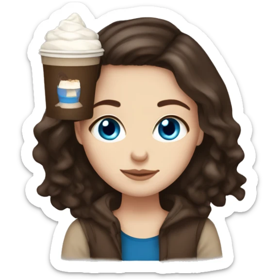 white girl with dark brown long hair, blue eyes, and a hot chocolate sticker