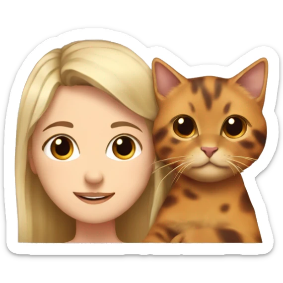 a girl with blond hair and brown eyes hugs a tortoiseshell cat sticker