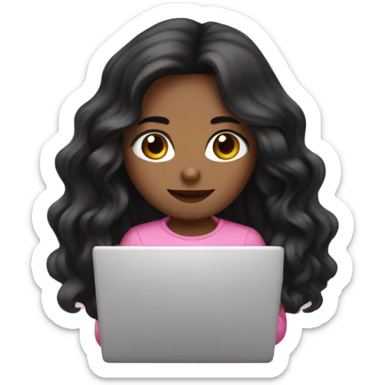 Beautiful girl,Black wavy long hair, Black eyes,Chinese, wearing pink typing on laptop,  sticker