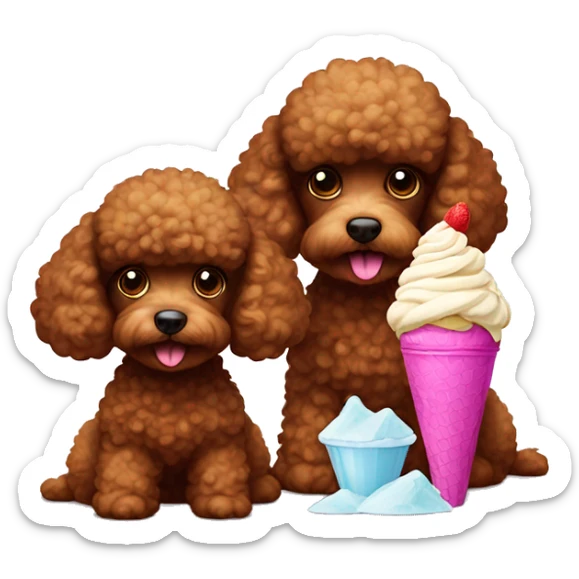 Two brown toy poodles. One is smaller than the other one. One is eating ice cream, the other one I watching sticker