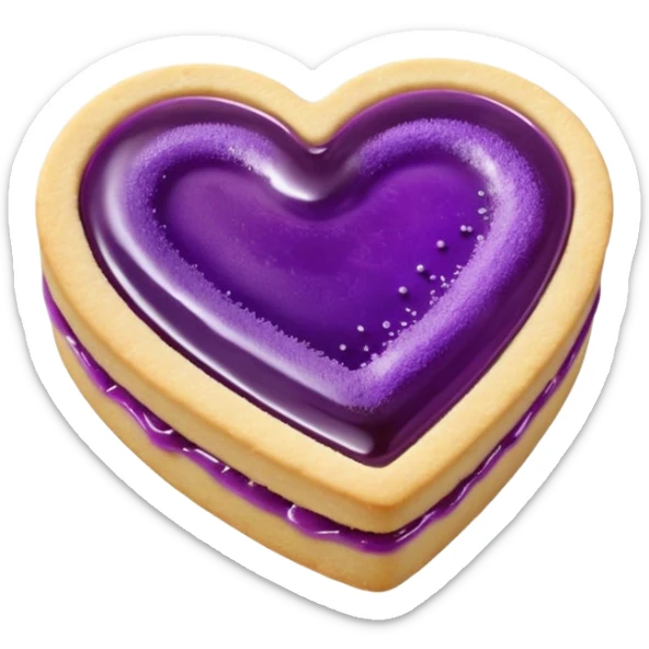 Realistic shortbread cookie in the shape of a heart with violet jelly middle filling and sprinkled powder sugar on top. sticker